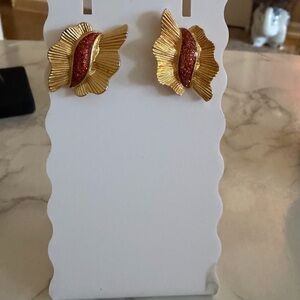 Gold Floral Stud Earrings with Red Glitter Accent